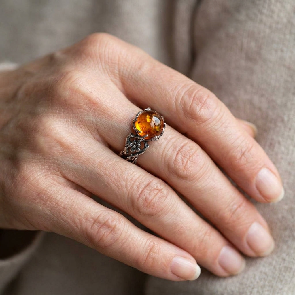 simple temperament ring with silver inlaid flowers — lifestyle