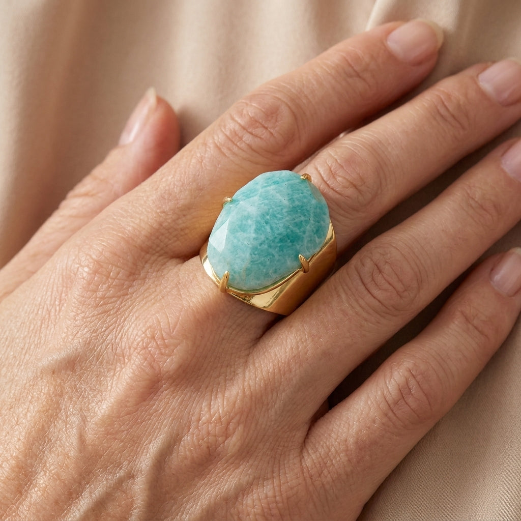 sophisticated amazonite blue goddess ring — lifestyle
