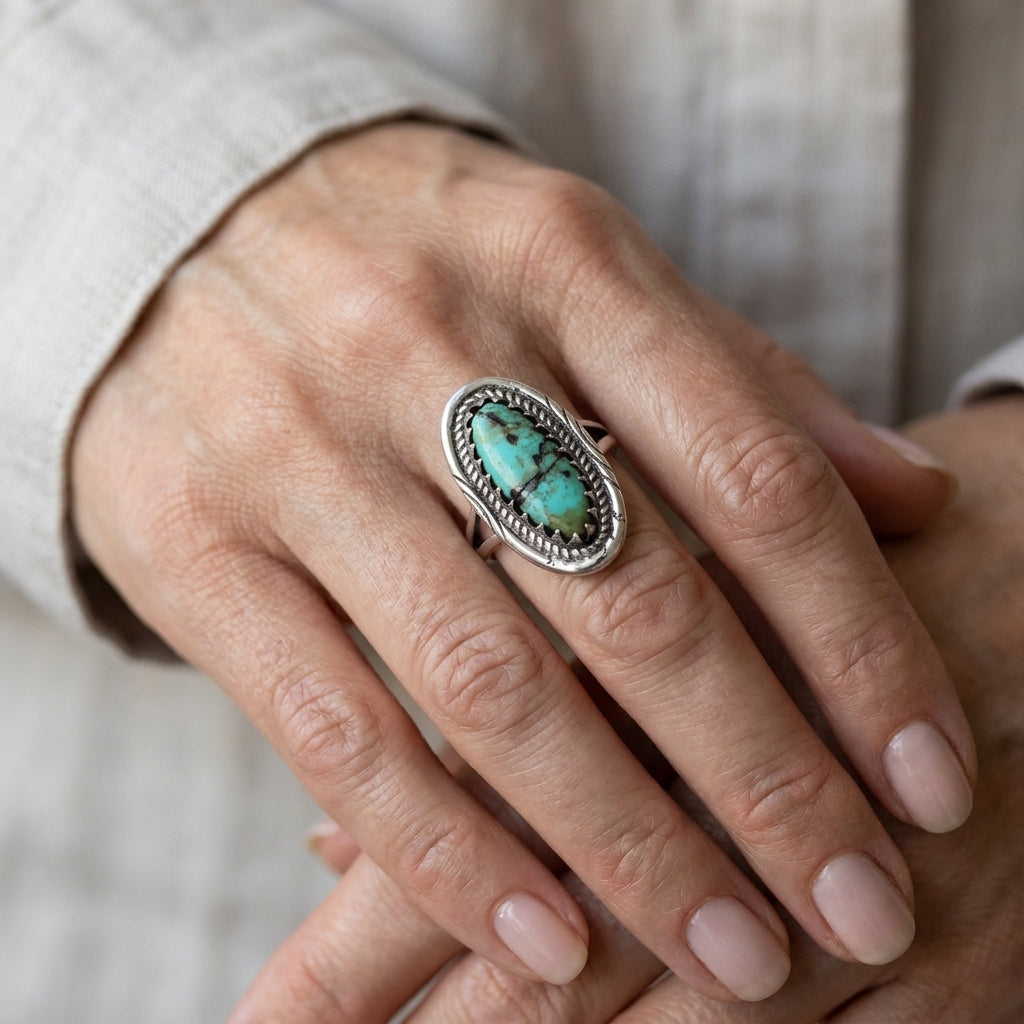 southwestern style real turquoise ring sterling silver asr8859 — lifestyle