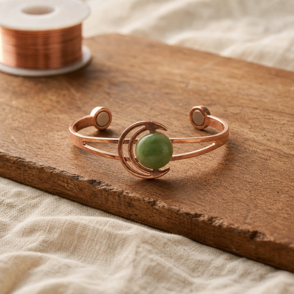 Bracelet Green Copper Crescent Moon Cuff — Adjustable Green Stone Cuff Bracelet — main image