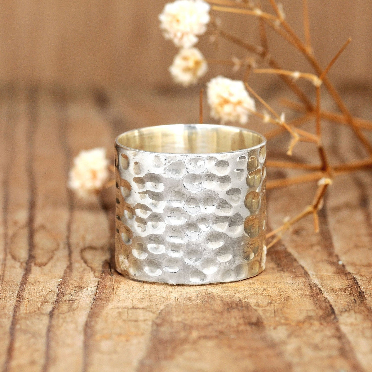 Hammered Wide Band Ring in Sterling Silver, 17mm