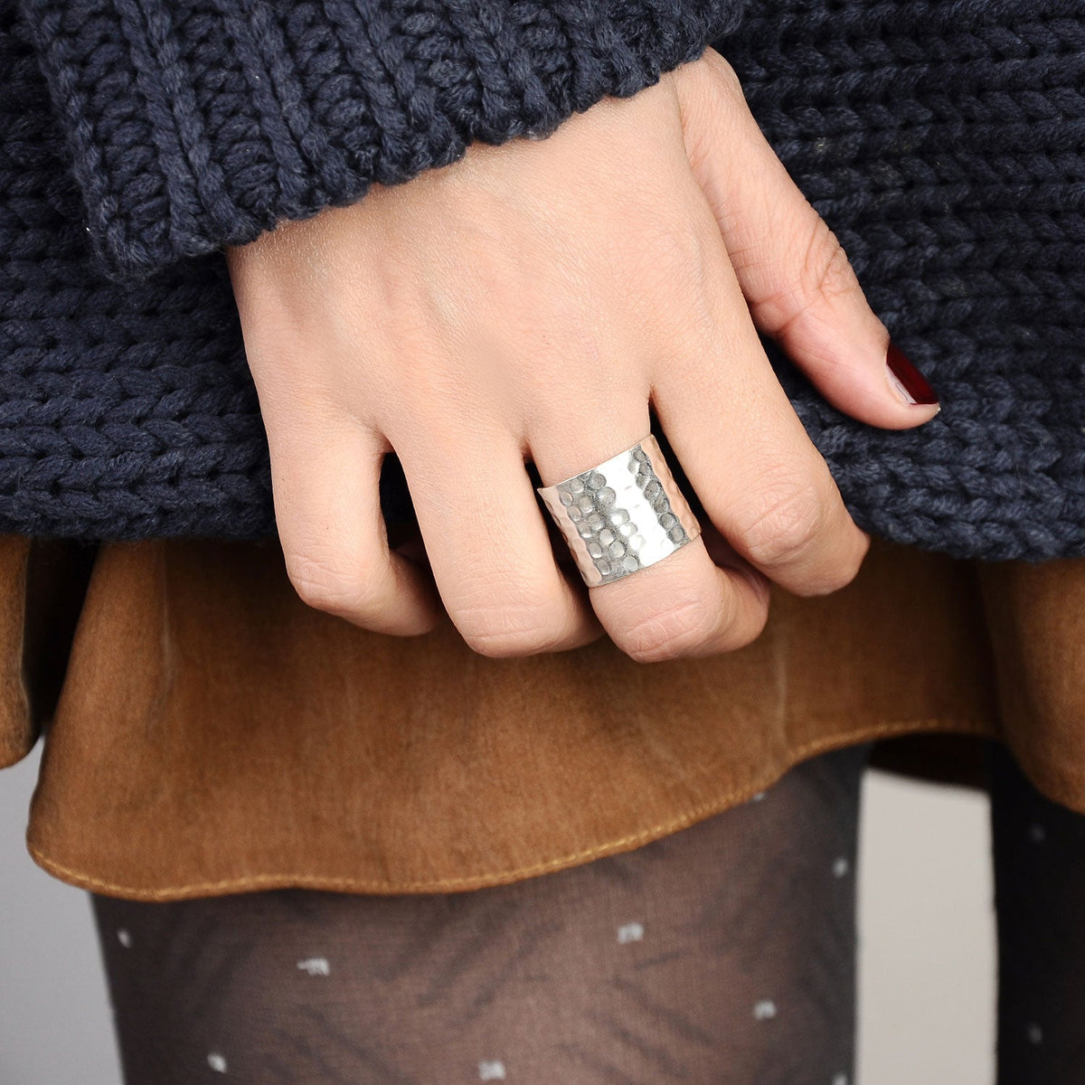 Hammered Wide Band Ring in Sterling Silver, 17mm