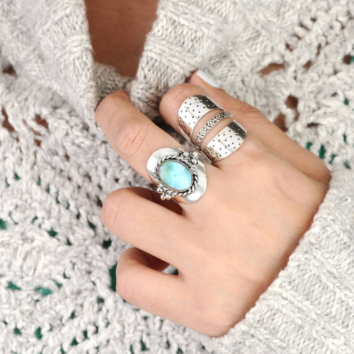 Oval Larimar Sterling Silver Statement Ring with Twisted Border