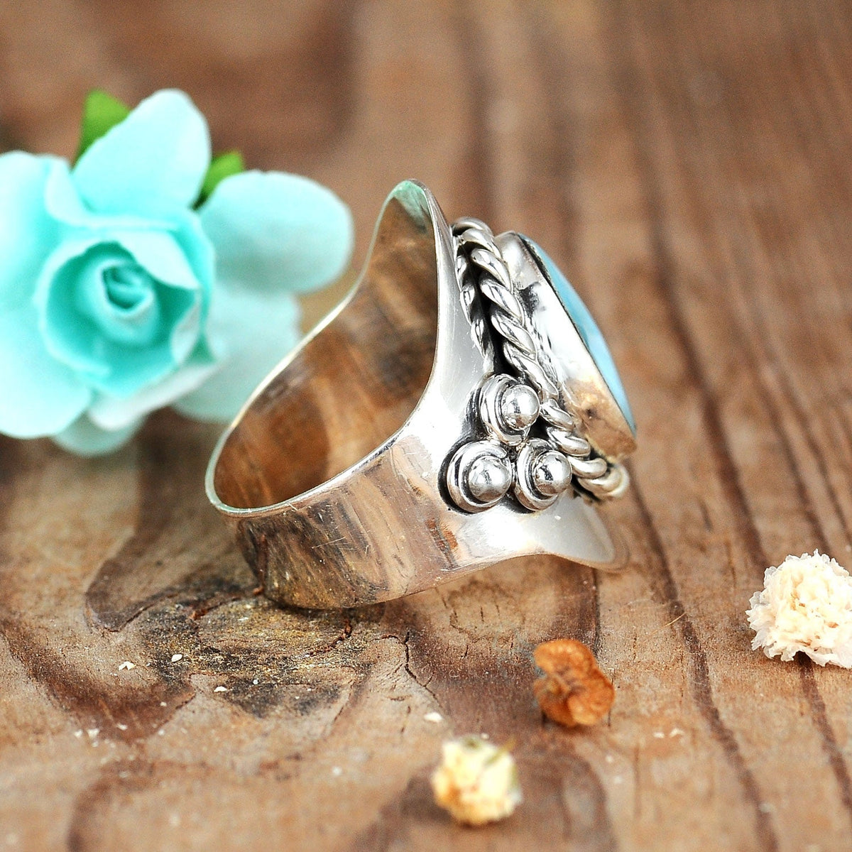 Oval Larimar Sterling Silver Statement Ring with Twisted Border