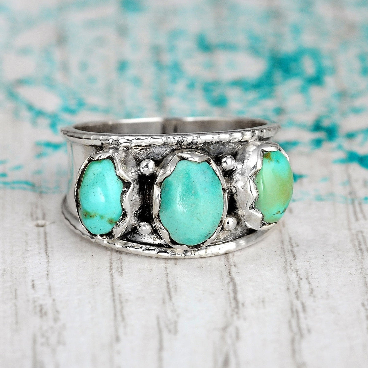 Three-Stone Oval Turquoise Ring, Wide Sterling Silver Band