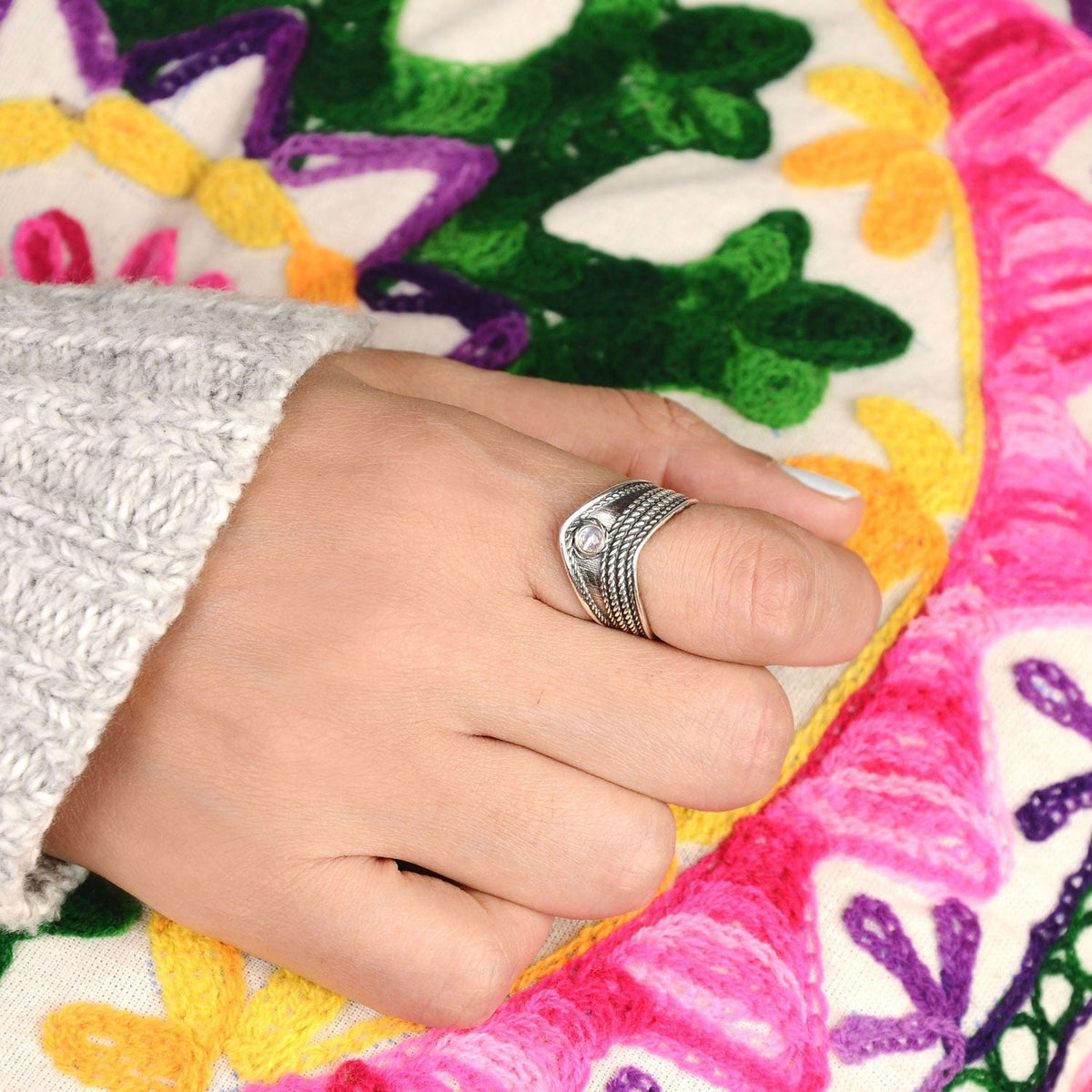 Chevron Rainbow Moonstone Ring with Oxidized Silver Band