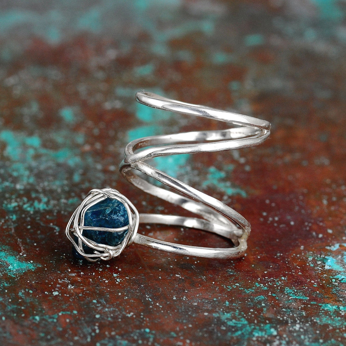 Raw Apatite Spiral Wire-Wrapped Ring in Sterling Silver