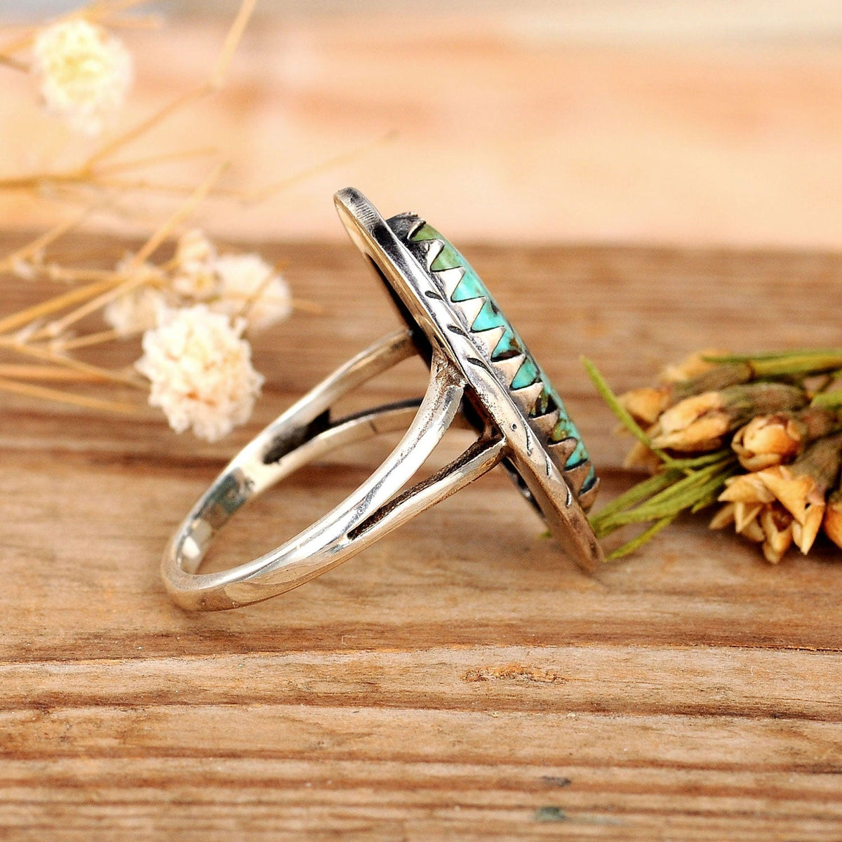 Turquoise Cocktail Ring with Ornate Oval Bezel – Southwestern Boho Style