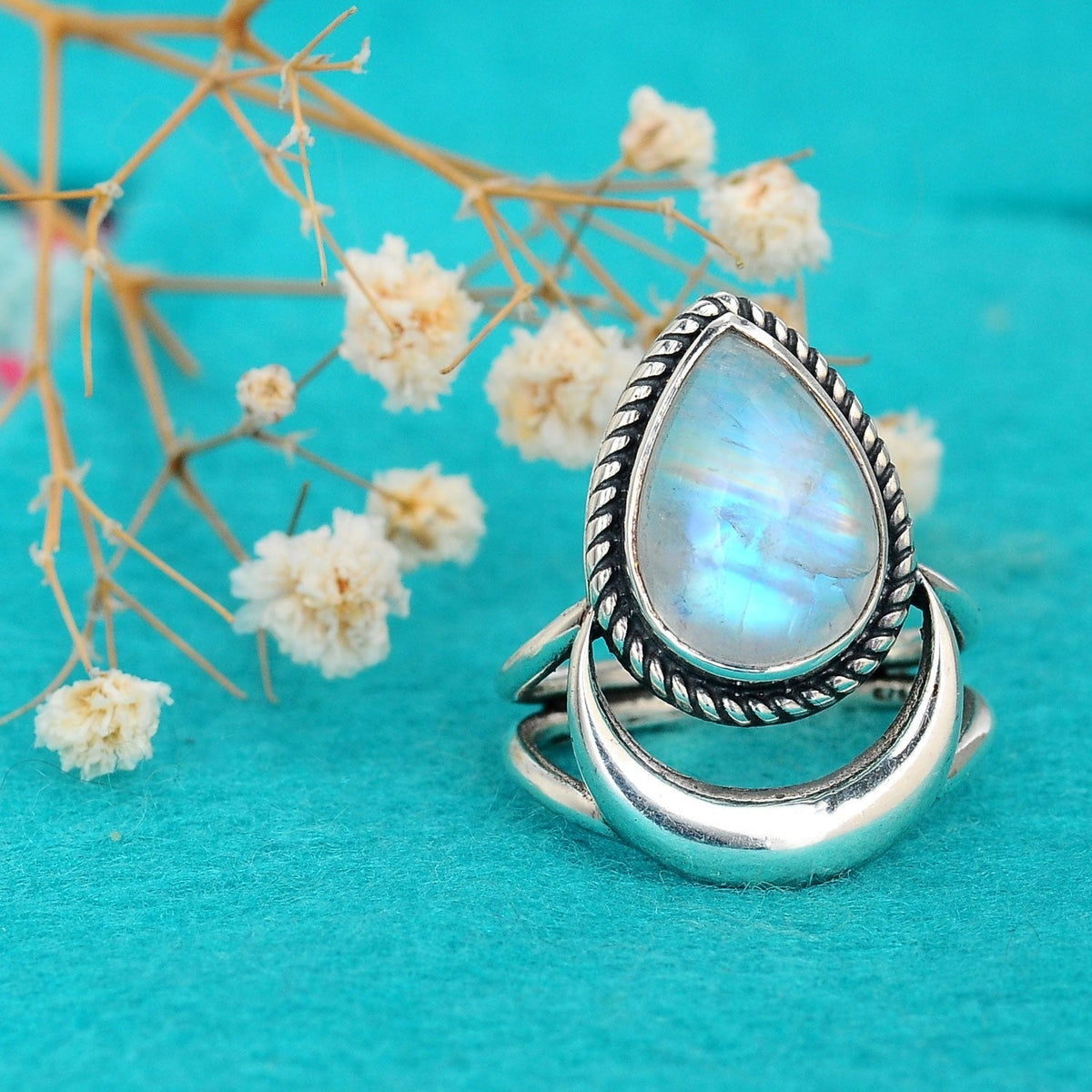 Crescent Moon Rainbow Moonstone Ring with Twisted Rope Bezel