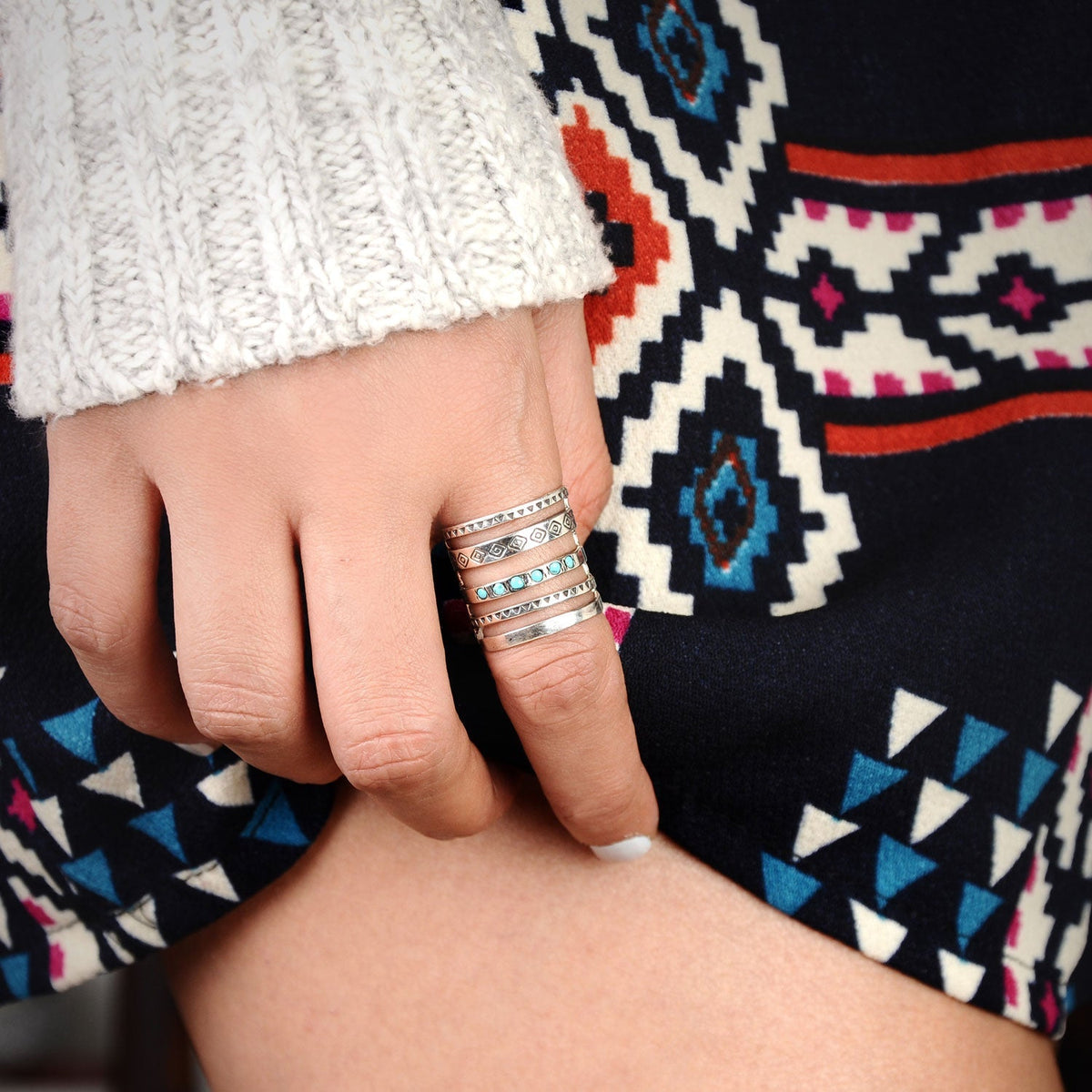 Southwestern Turquoise Stacked Ring with Hand-Stamped Silver Bands