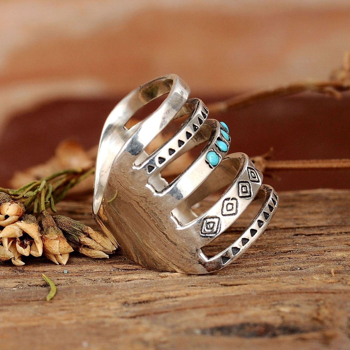 Southwestern Turquoise Stacked Ring with Hand-Stamped Silver Bands