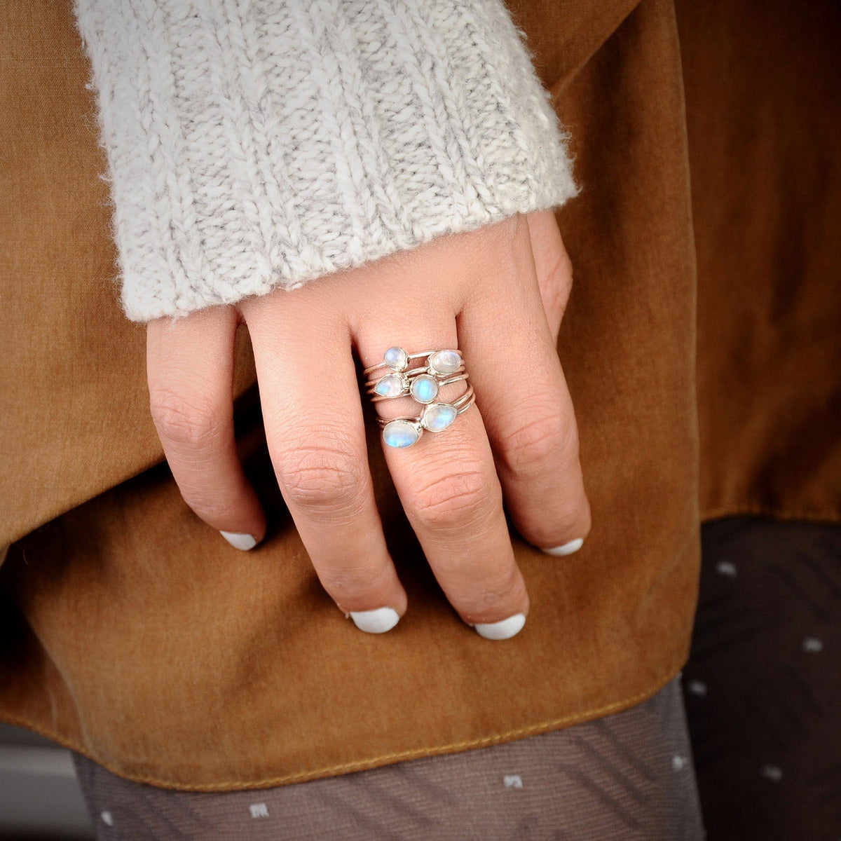 Rainbow Moonstone Stacking Ring Set, 6 Sterling Silver Bands with Oval and Round Stones