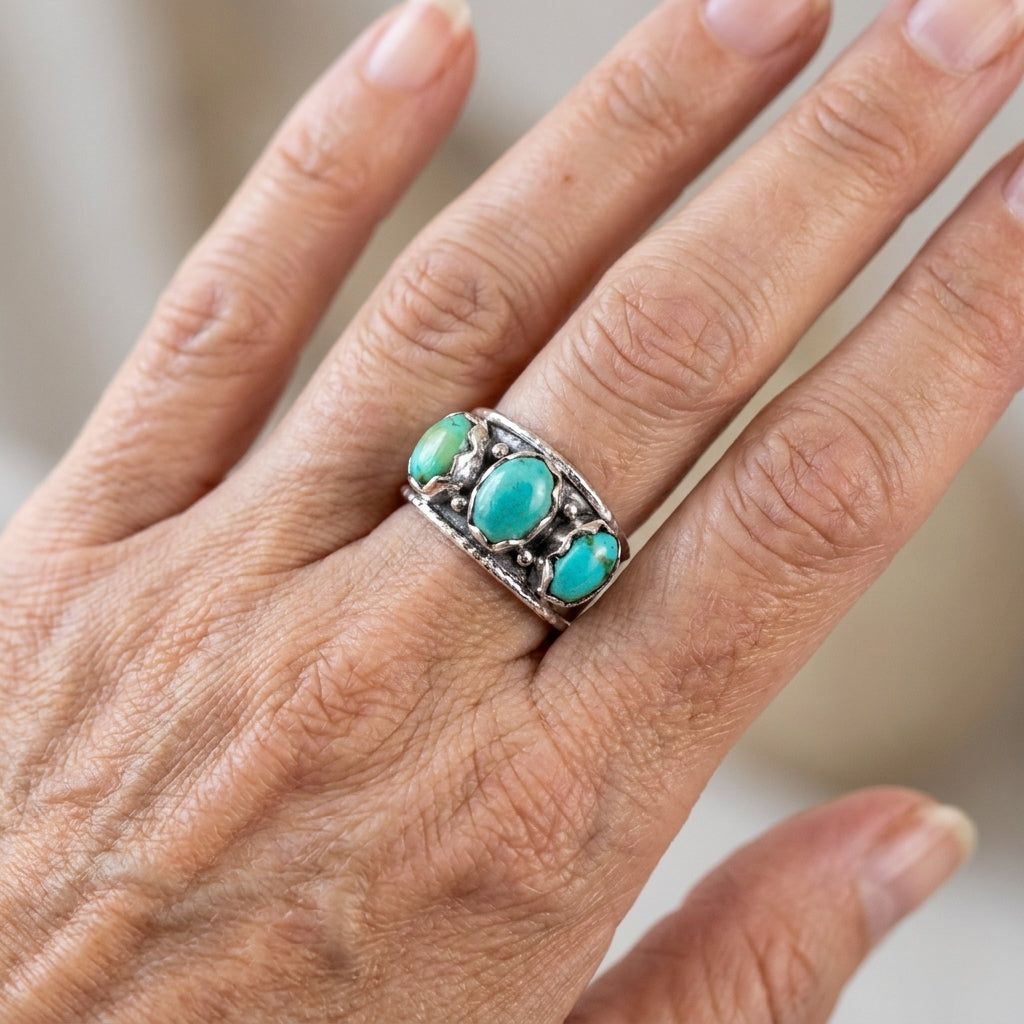 sterling silver three stone authentic turquoise ring asr8855 — lifestyle