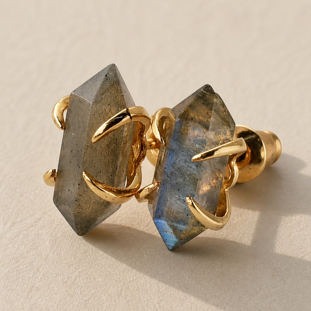 Crystal Point Labradorite & Garnet Stud Earrings with Gold-Tone Setting — main image