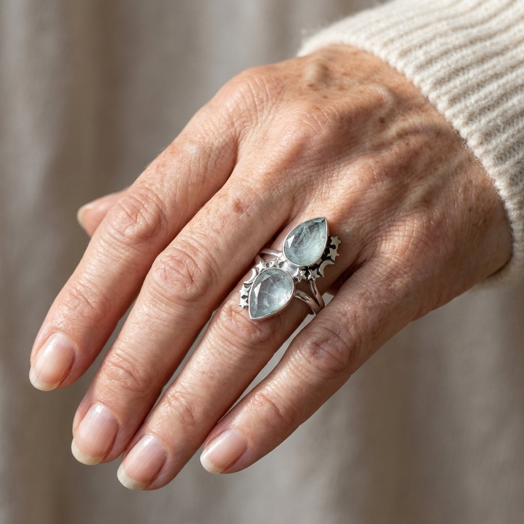 teardrop aquamarine stars and moon ring asr9511 — lifestyle