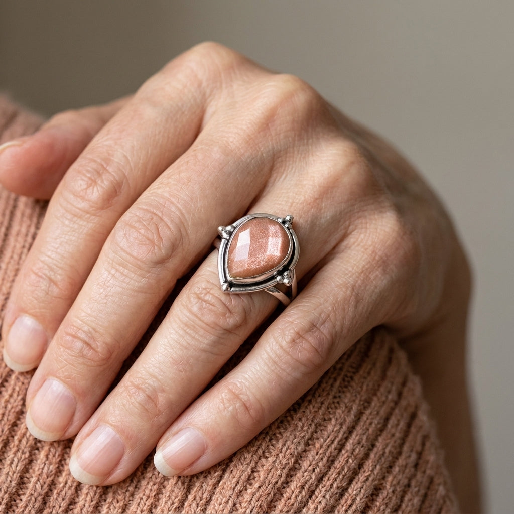 teardrop peach moonstone ring asr9517 — lifestyle