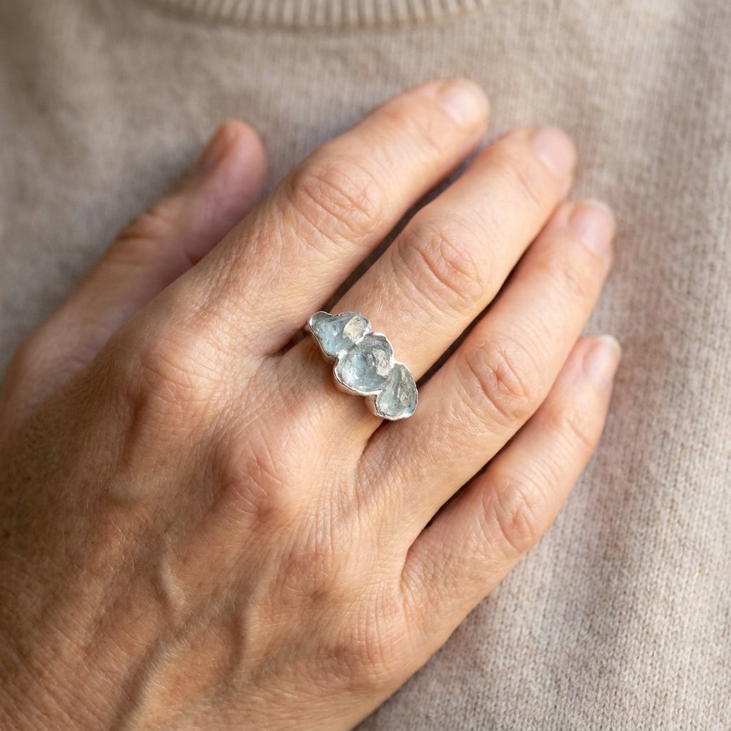 three stone raw aquamarine ring sterling silver asr9025 — lifestyle