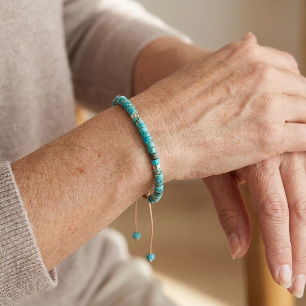 timeless delicate beaded turquoise bracelet — lifestyle