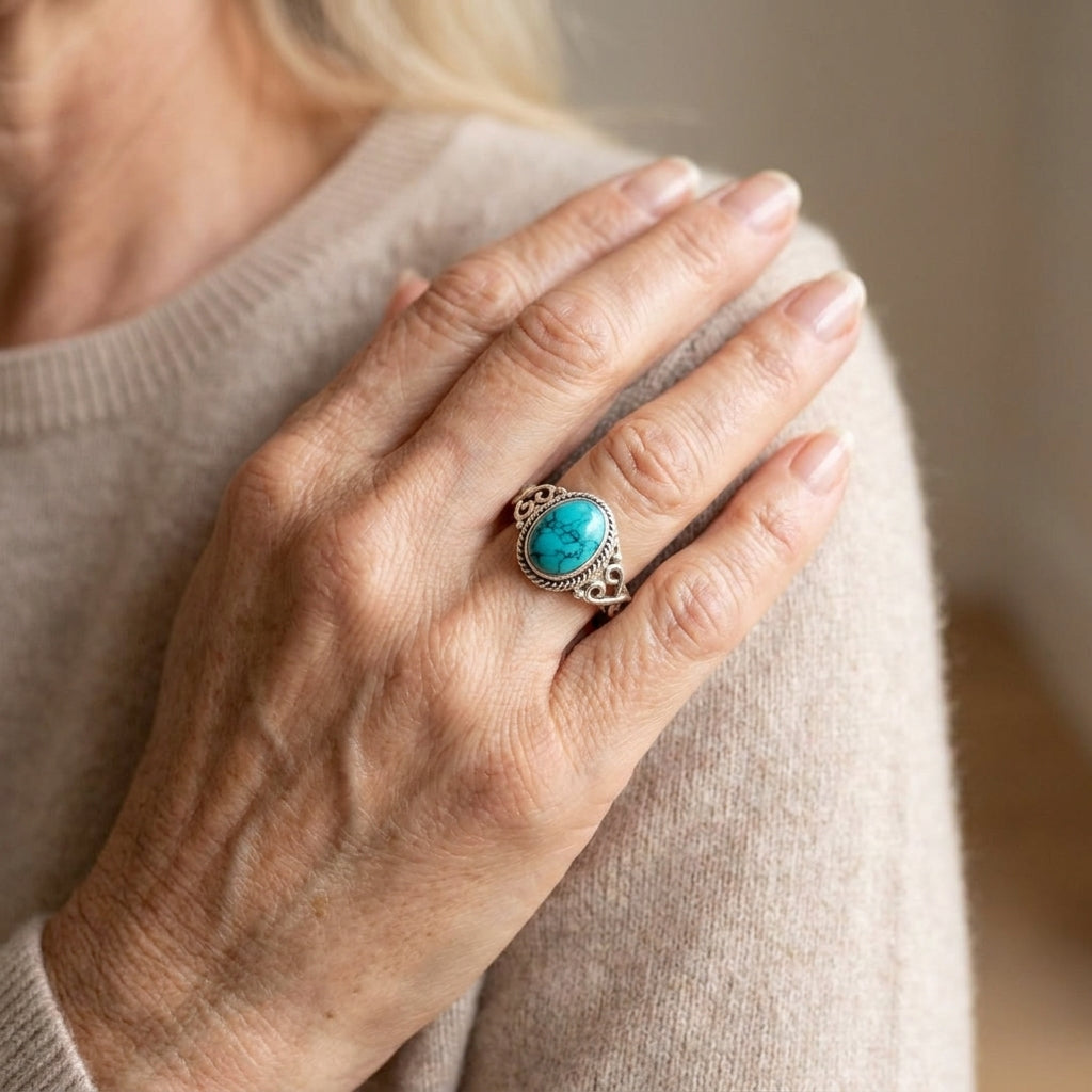 timeless silver oval turquoise ring — lifestyle