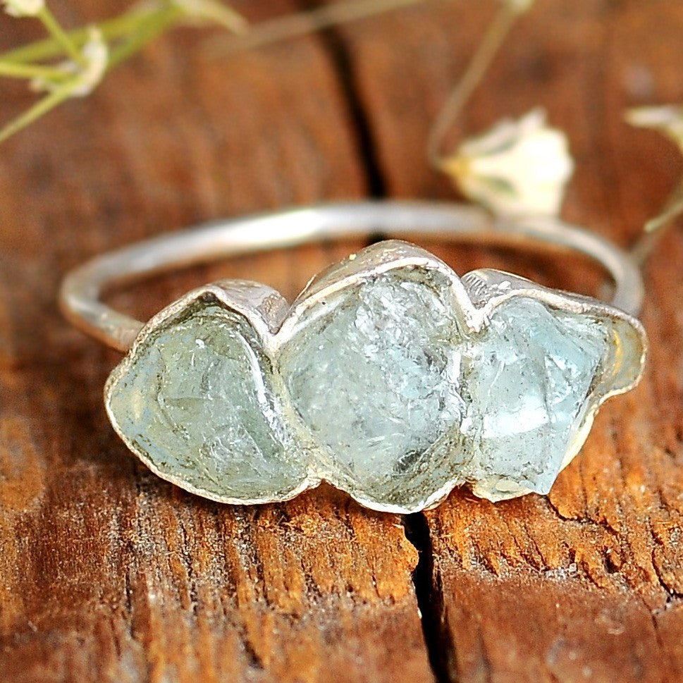 Raw Aquamarine Three-Stone Ring in Sterling Silver 92.5
