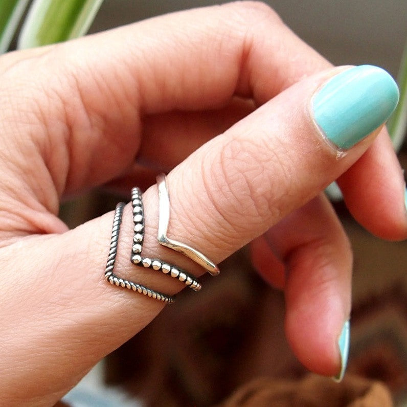 Triple Chevron Sterling Silver Ring, Boho Stacking Band with Oxidized Detail