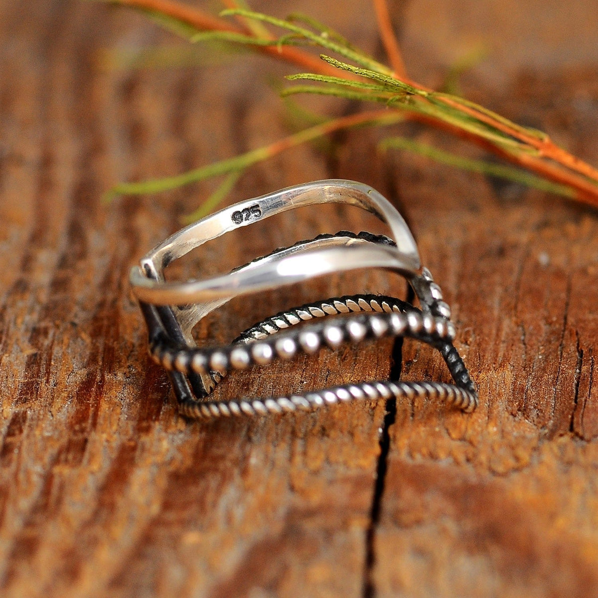 Triple Chevron Sterling Silver Ring, Boho Stacking Band with Oxidized Detail