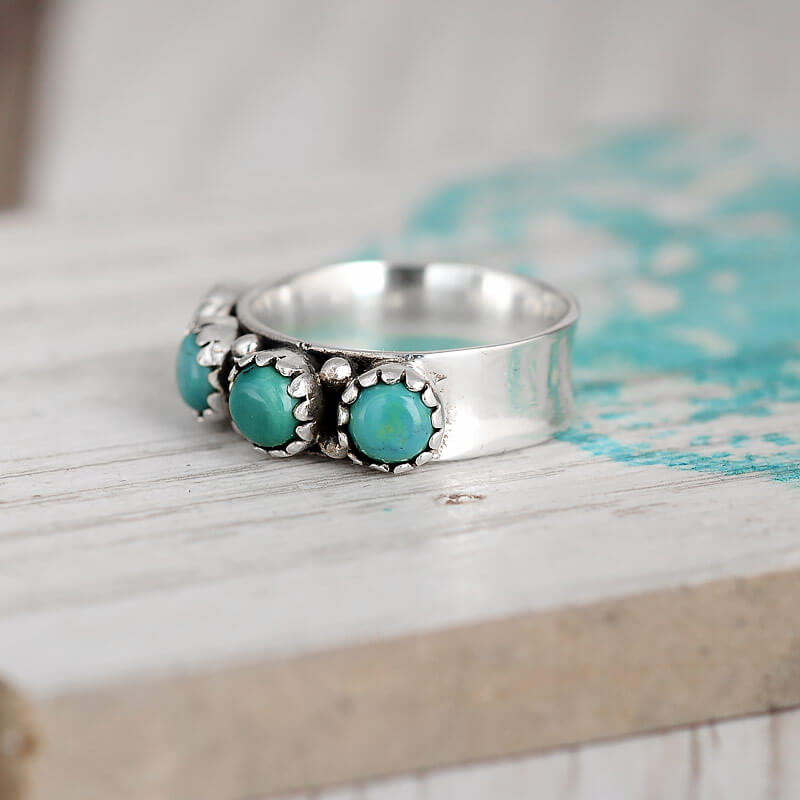 Turquoise Cabochon Ring with Oxidized Silver Beaded Band