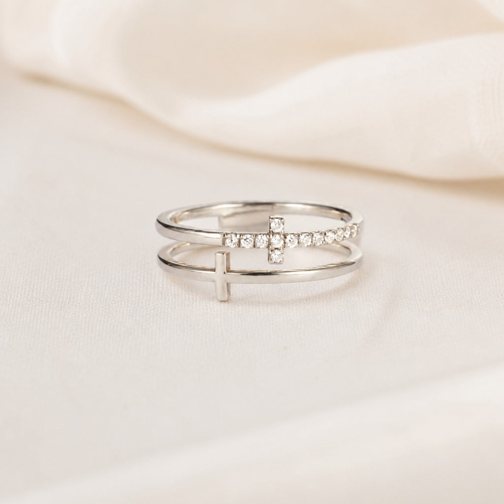 Double Cross Ring with Split Band and Cubic Zirconia Accent — main image