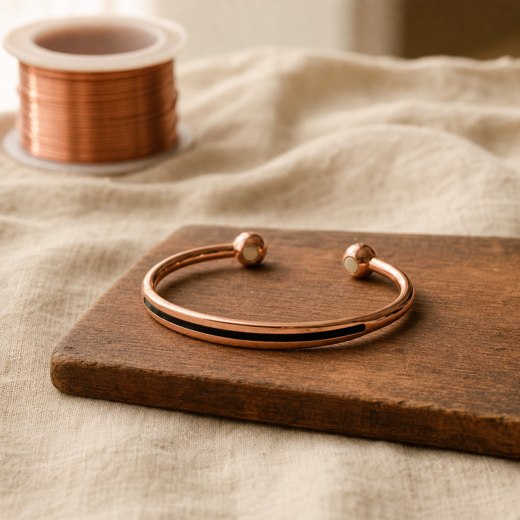 Copper Cuff Bracelet, 99.9% Pure Copper, Open Ended Ball Terminals — Handcrafted Adjustable Design — main image