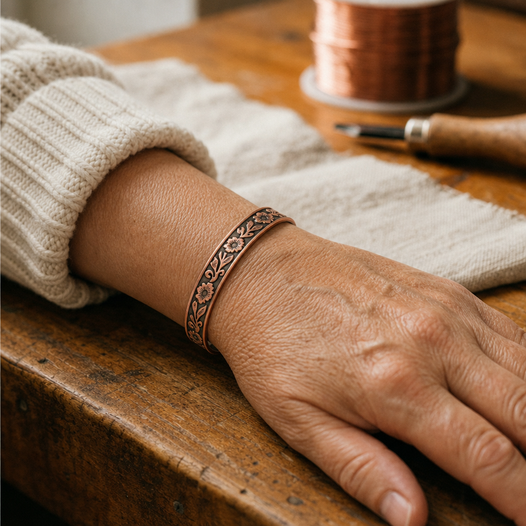 Copper Cuff Bracelet with Hand-Etched Floral Pattern and Magnetic Therapy Dots — Adjustable Open Cuff Design — view 2