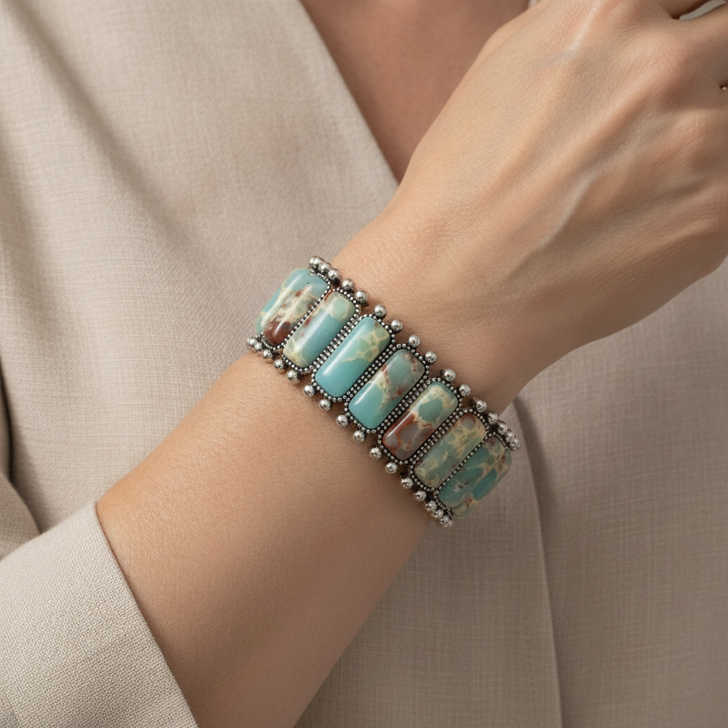 vintage bohemian western style womens elastic bracelet with turquoise and brown beads zinc alloy natural stone mosaic perfect for casual attire and gift everyday accessoryvintage bohemian stylezinc alloy bracelet — lifestyle