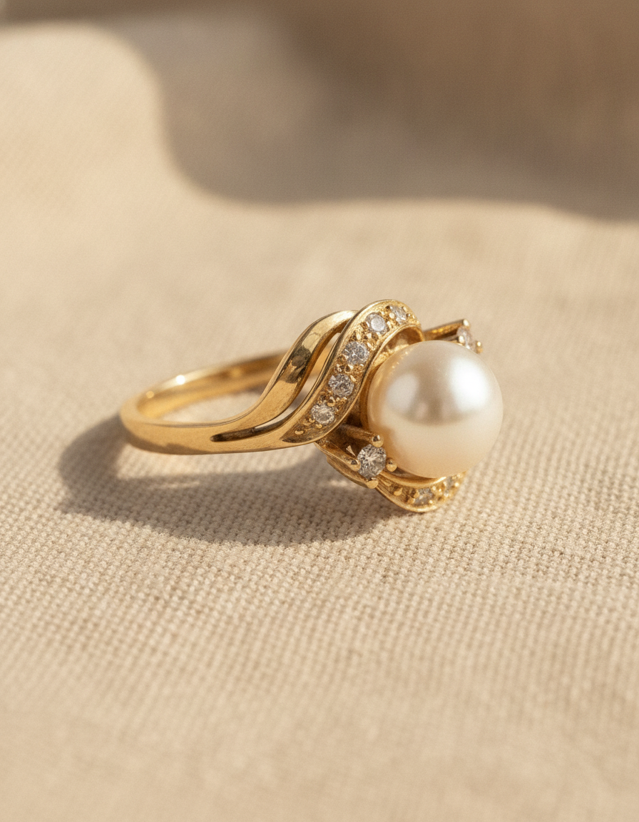 vintage fashionable golden rhinestone zircon pearl ring - AI-generated studio image