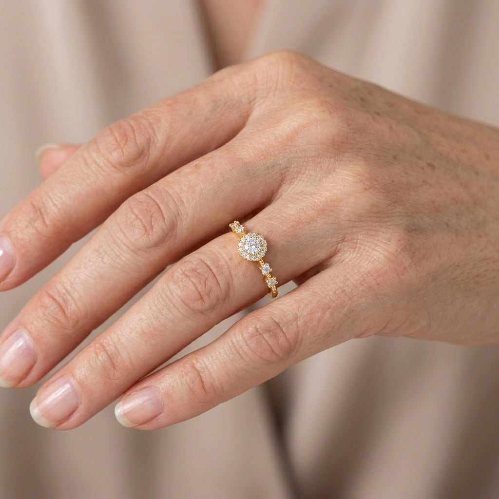 vintage gold halo ring — lifestyle