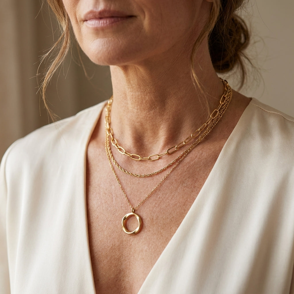 vintage gold layered chain pendant necklace — lifestyle
