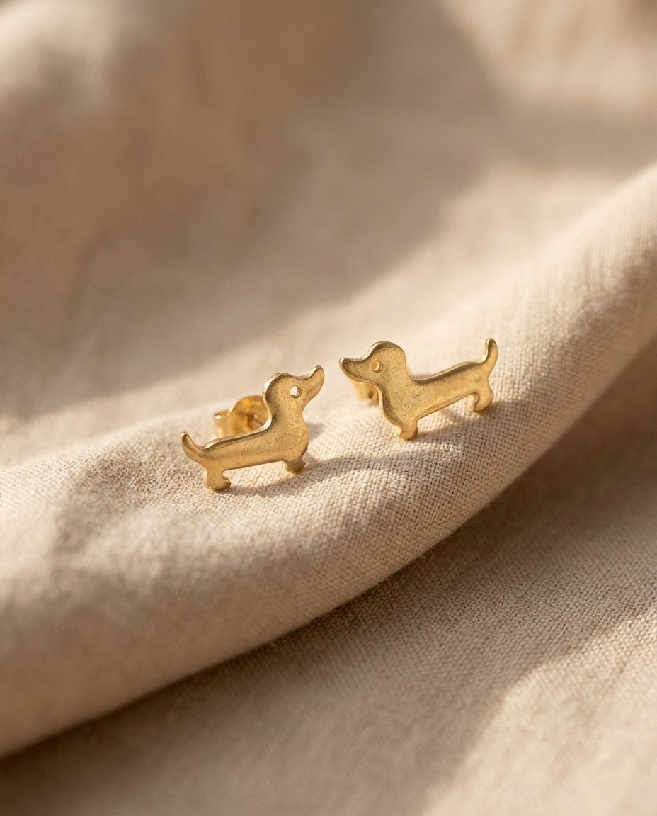 Estelle & Ruby Dachshund Stud Earrings, Sausage Dog Design, Alloy, Gold & Silver (AI-generated studio image)
