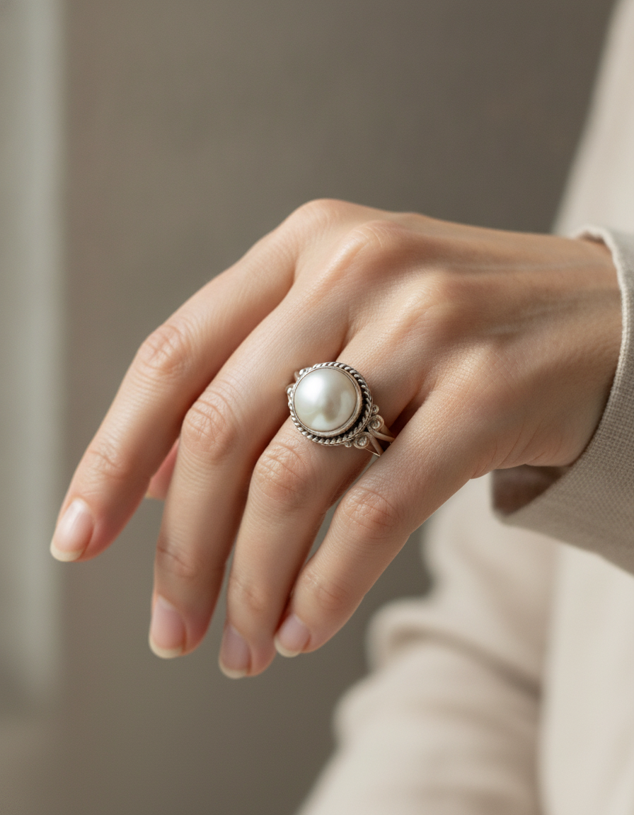 vintage silver trendy womens ring pearl ring - AI-generated lifestyle image