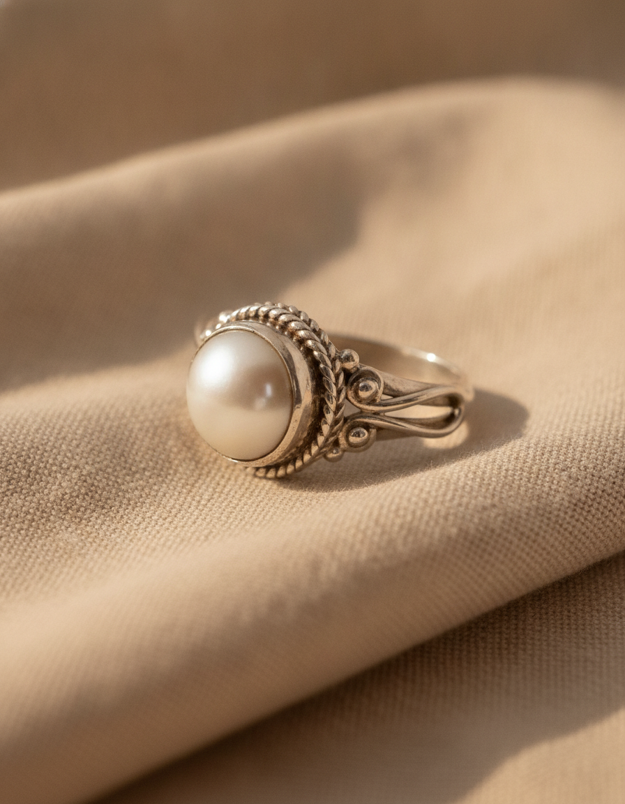 vintage silver trendy womens ring pearl ring - AI-generated studio image