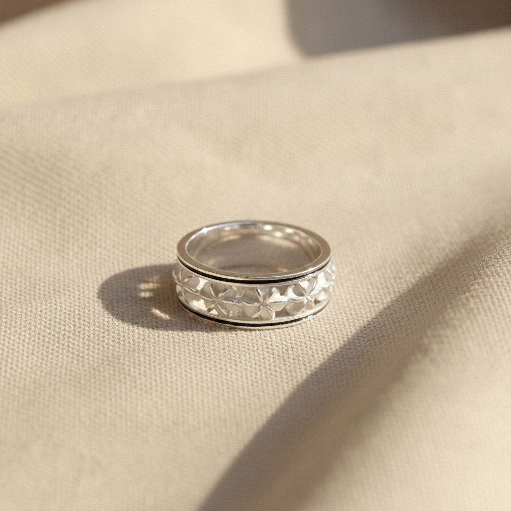 vintage white floral ring in silver — studio