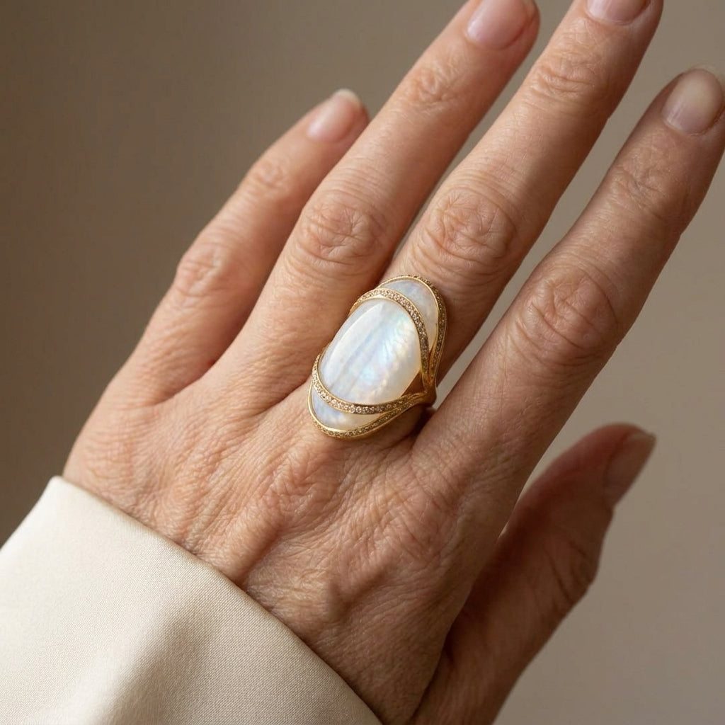vintage white opal golden ring — lifestyle