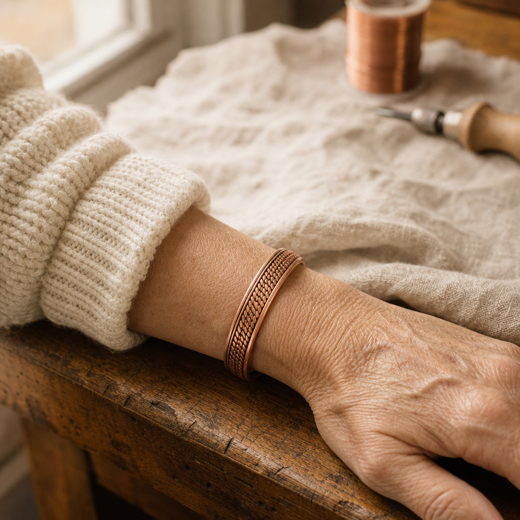 Copper Cuff Bracelet with Textured Rope Design, 99.9% Pure Copper, Adjustable Fit — Handcrafted Copper Jewelry — view 2