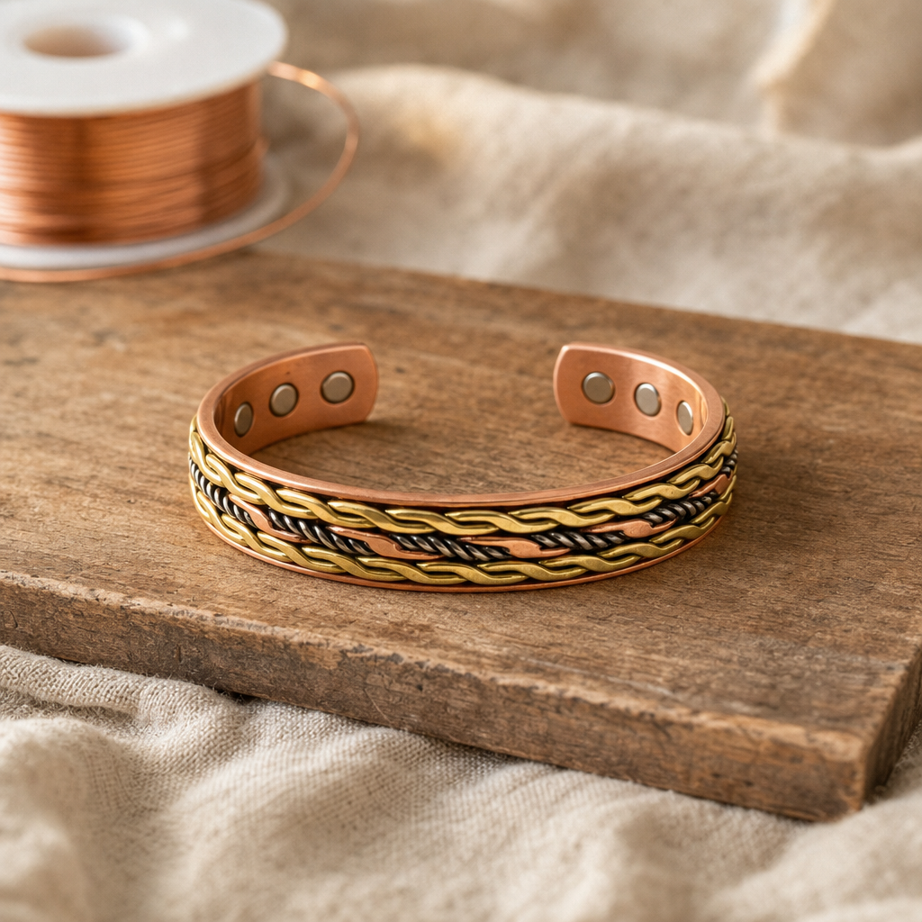Copper Cuff Bracelet with Woven Gold and Black Inlay, 99.9% Pure Copper, Adjustable Open Design — main image
