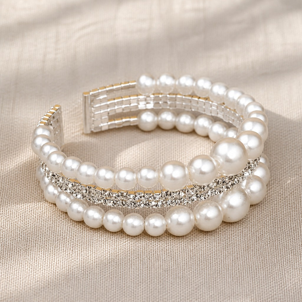 Multi-Strand Baroque Pearl Cuff Bracelet with Rhinestone Accents, Gold or Silver Tone — view 2