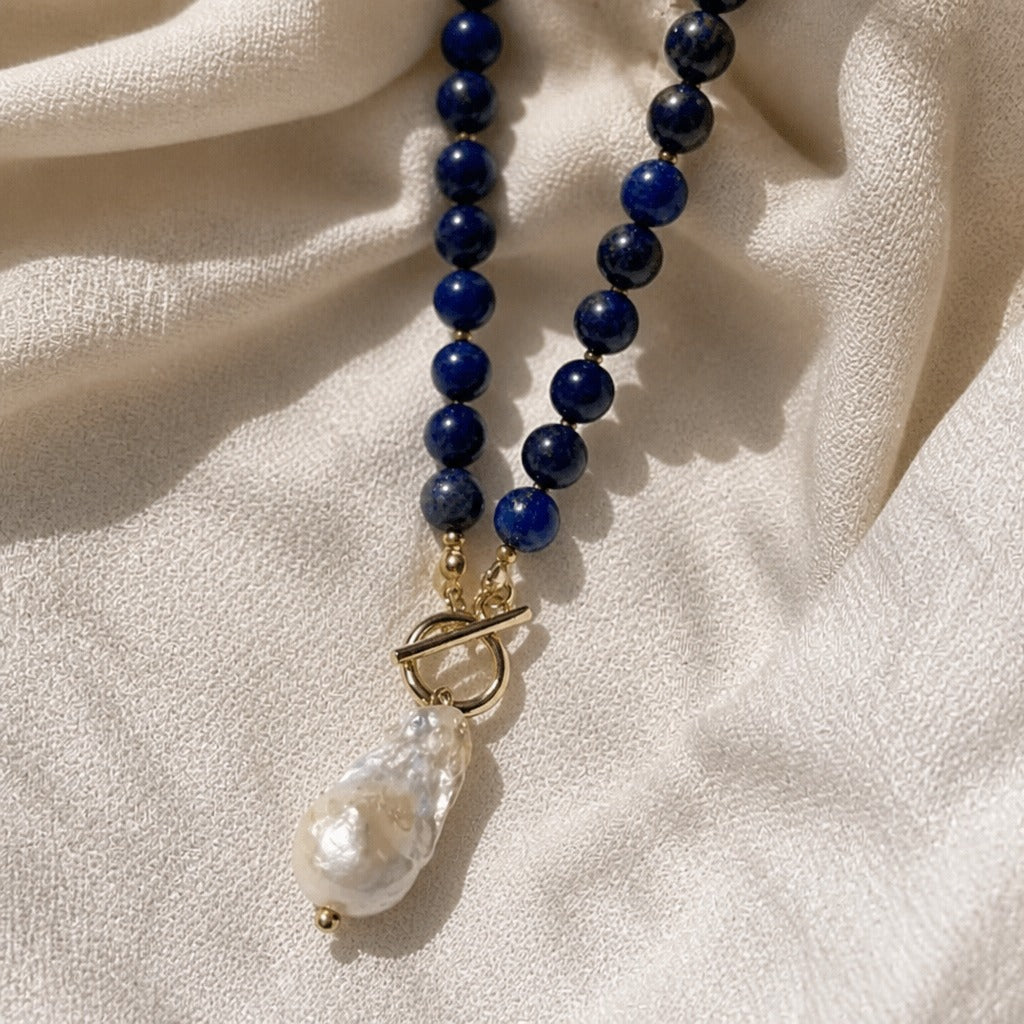 Lapis Lazuli Beaded Necklace with Baroque Pearl Pendant — view 2