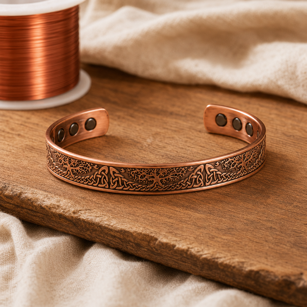 Copper Cuff Bracelet with Celtic Knot Pattern and Magnetic Elements — Handcrafted Copper Jewelry — main image