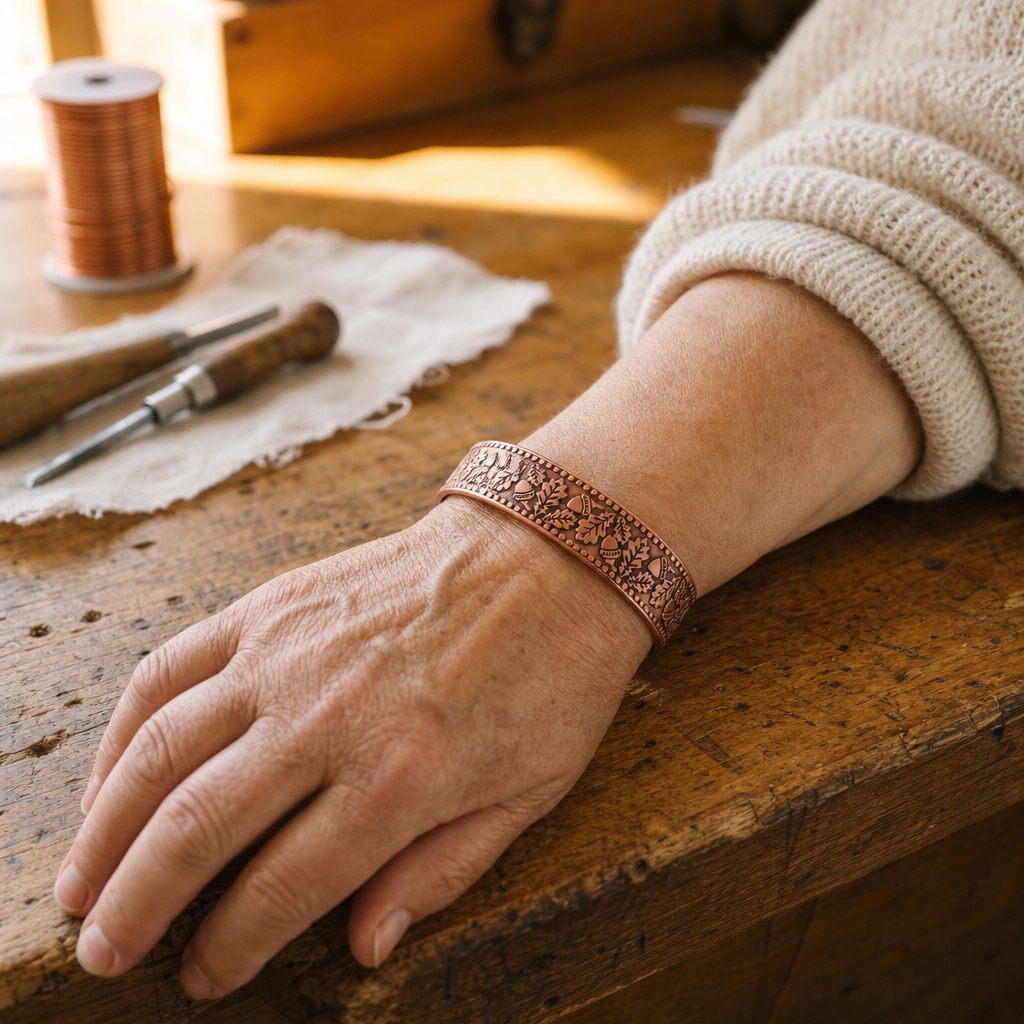Copper Cuff Bracelet with Botanical Leaf and Acorn Design, Pure Copper — Hand-Shaped Open Cuff — view 2