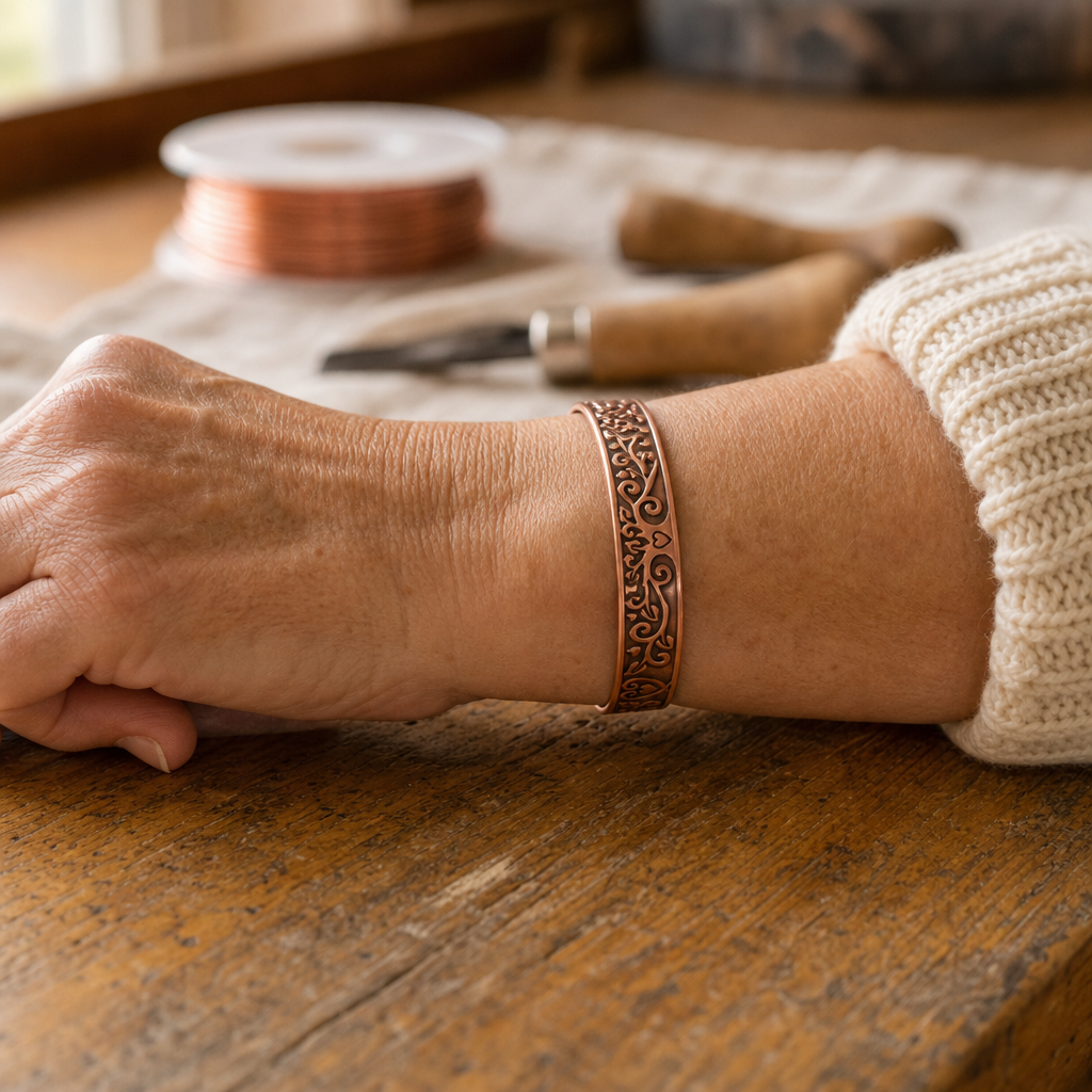 Copper Cuff Bracelet with Filigree Scrollwork and Heart Motifs — Magnetic Therapy Dots, Adjustable Open Cuff — view 2