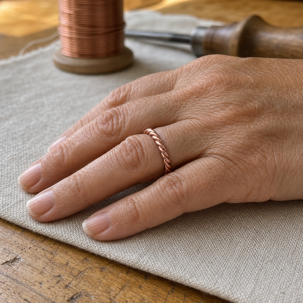 Twisted Copper Cuff Bracelet, Rose-Copper Tone, 99.9% Pure Copper, Adjustable Open Cuff — Handmade Wrist Jewelry — view 2