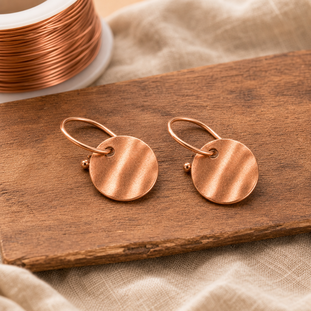 Copper Drop Earrings with Circular Disc Pendant, Brushed Texture — Handmade 99.9% Pure Copper — main image