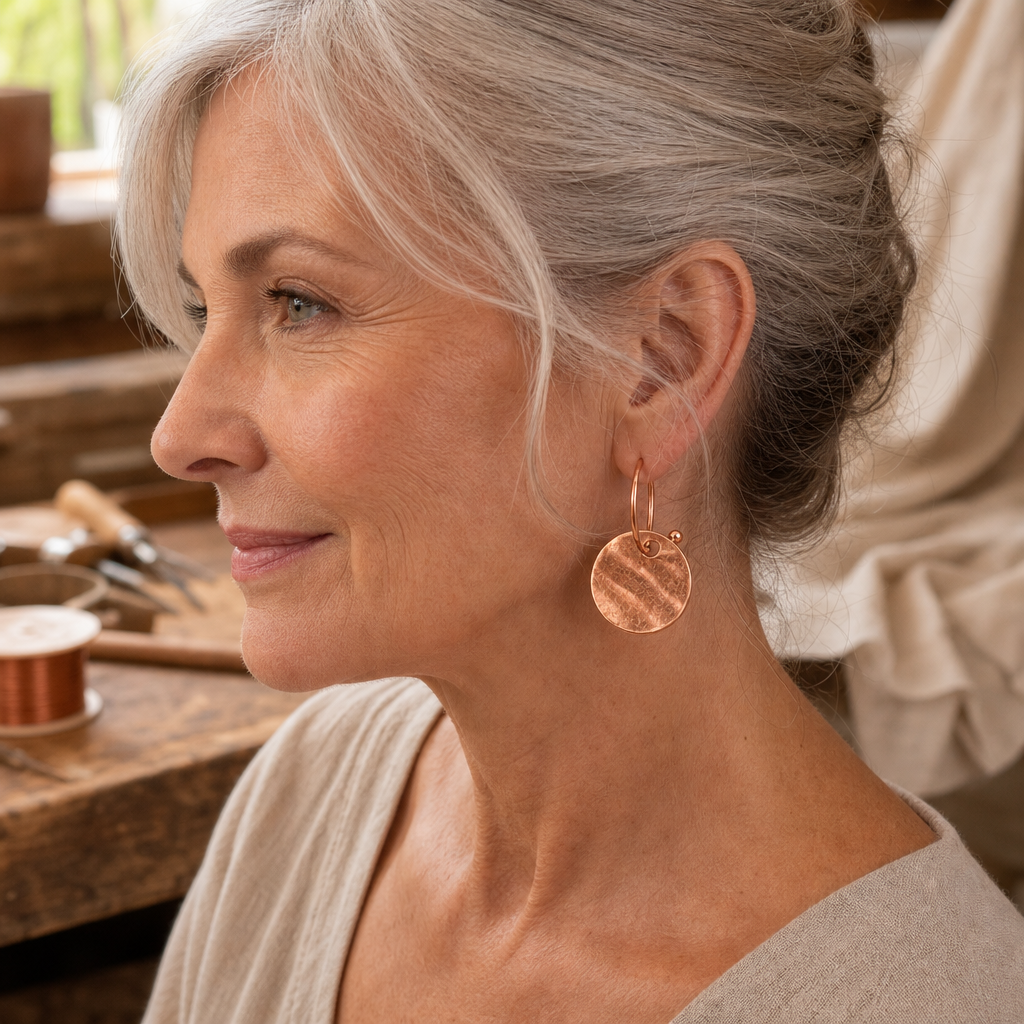 Copper Drop Earrings with Circular Disc Pendant, Brushed Texture — Handmade 99.9% Pure Copper — view 2