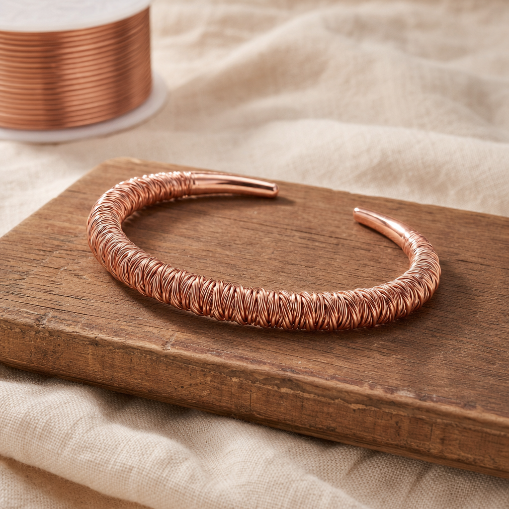 Copper Bangle Bracelet, Rose Gold Tone, 99.9% Pure Copper Wire-Wrapped Open Cuff — Handcrafted Jewelry — main image